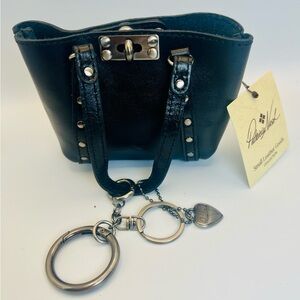 Patricia Nash Micro Benvenuri Black Leather Bag Keychain with Heart Charm NWT